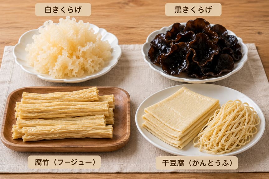 白きくらげ・黒きくらげ・腐竹(フージュー)・干豆腐(かんとうふ)が並んでいる様子