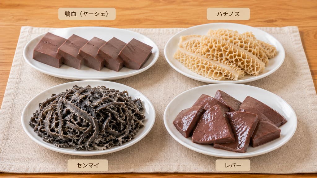 鴨血(ヤーシエ)・ハチノス・センマイ・レバーが並んでいる様子