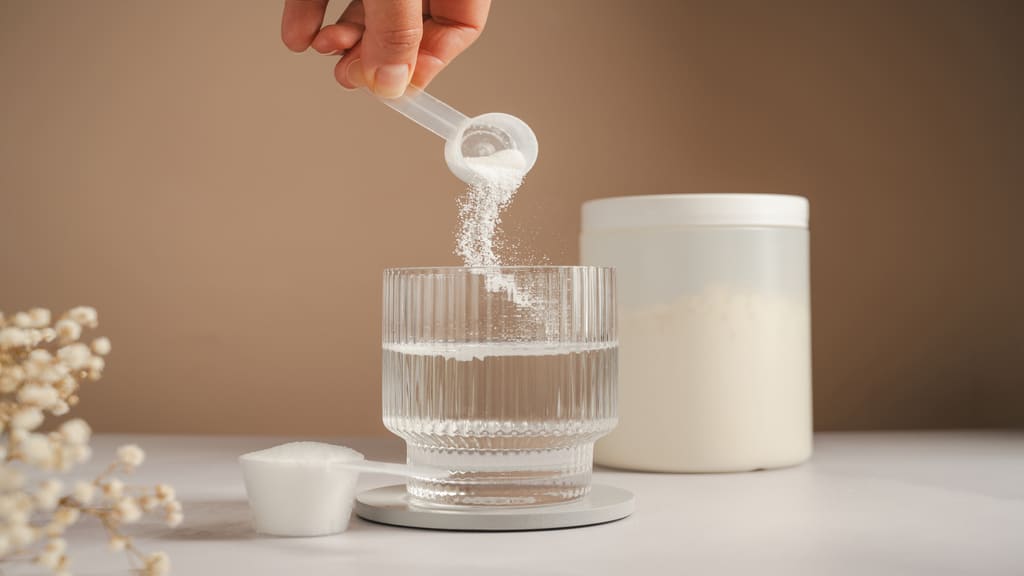 水の入ったコップにコラーゲンパウダーを入れている様子