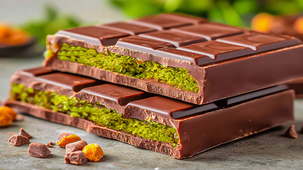 ピスタチオフィリングが見えるドバイチョコレートの断面