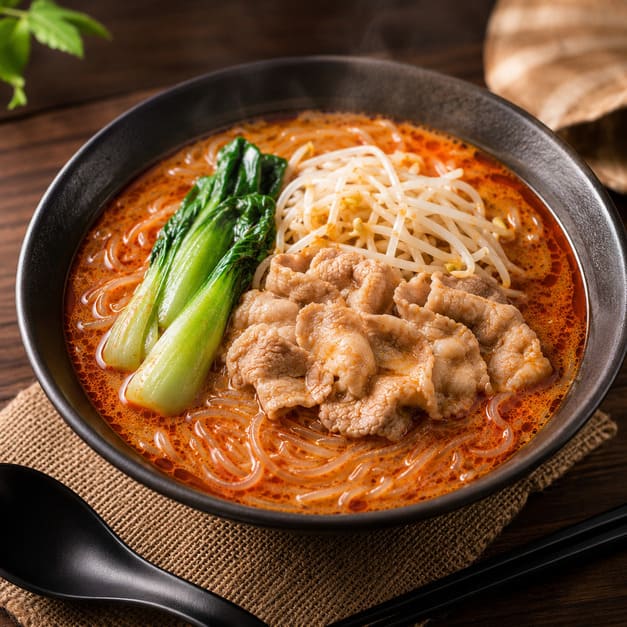 和風麻辣湯を使用した春雨・豚バラ・青梗菜入りの本格麻辣湯