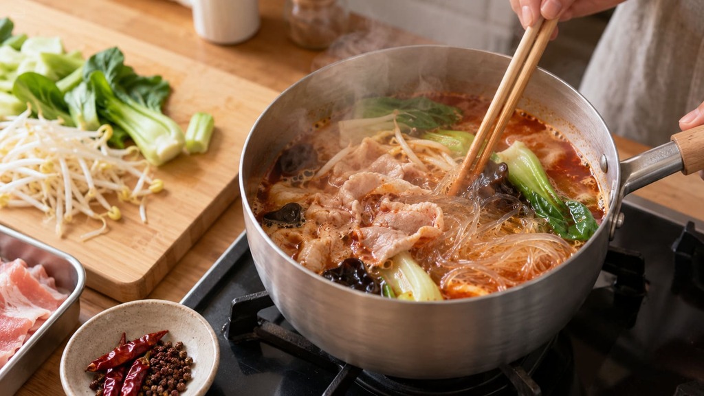 鍋で麻辣湯を作る様子