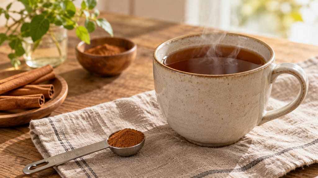 スプーンに盛られたシナモンパウダーと温かい紅茶