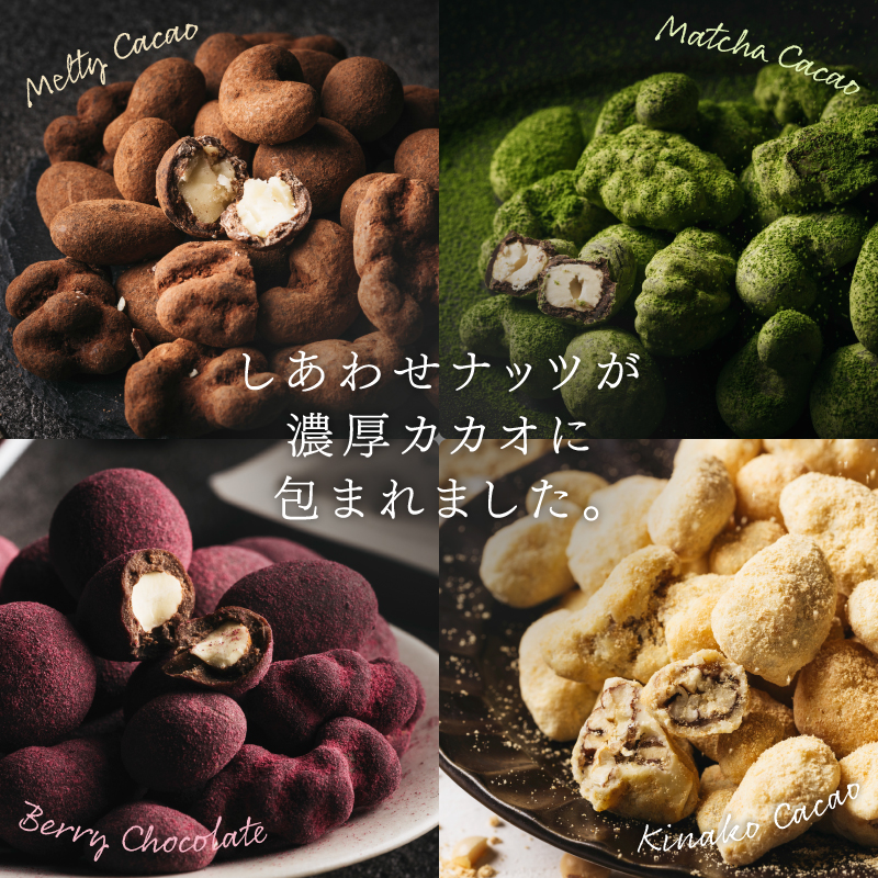 とろけるしあわせチョコレート4種セット(カカオ仕立て、宇治抹茶カカオ仕立て、ベリーベリーベリーショコラ、和風きなこショコラ)サムネイル01