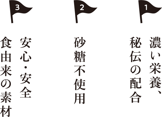 1,濃い栄養、秘伝の配合　2,砂糖不使用　3,安心・安全食由来の素材