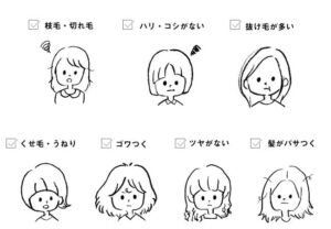 枝毛・切れ毛／ハリ・コシがない／抜け毛が多い／くせ毛・うねり／ゴワつく／ツヤがない／髪がパサつく