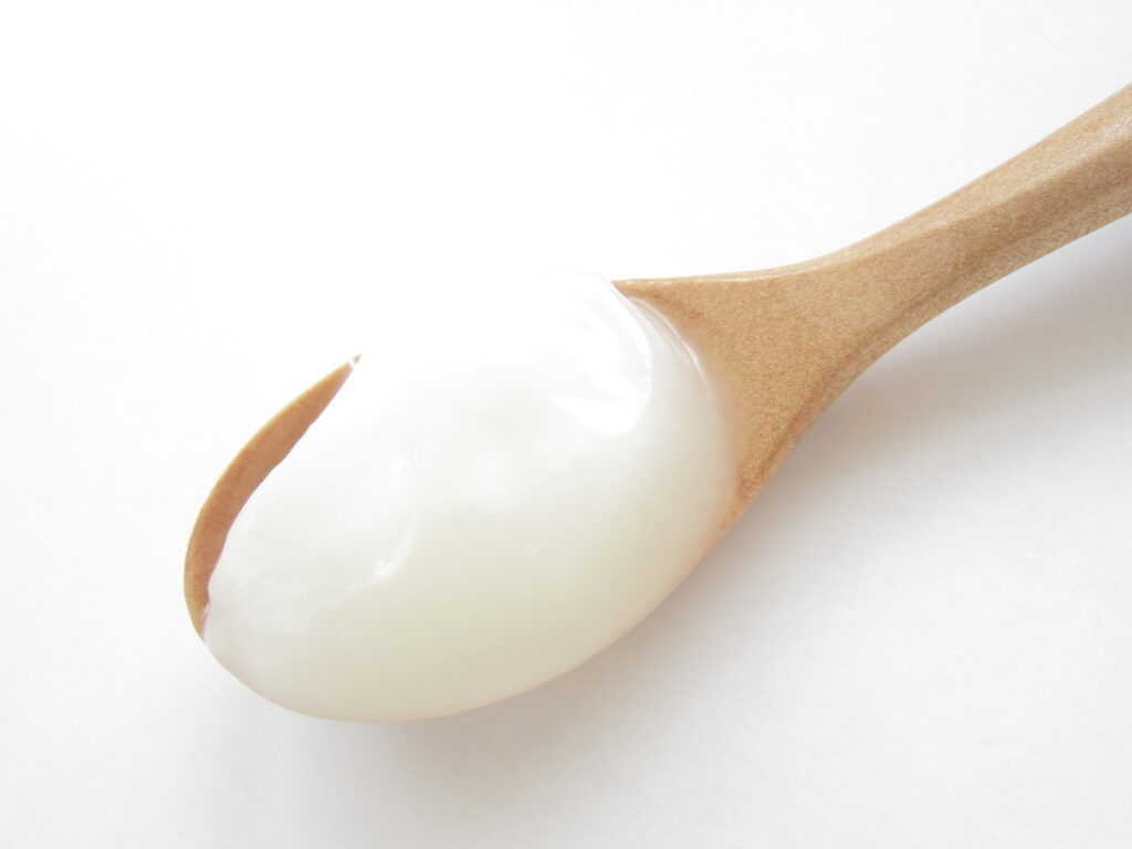 木のスプーンですくったココナッツオイル